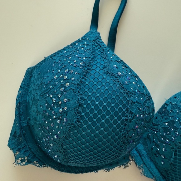 VS Lace Rhinestone Push Up Bra Bombshell Blue 34C Adds 2 Cup Sizes Padded - Picture 2 of 8